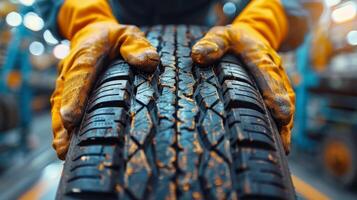 ai généré la personne portant Jaune gants sur voiture pneu photo