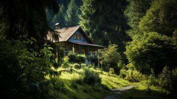 ai généré Pension entouré par une dense forêt, création une sens de isolement. génératif ai photo