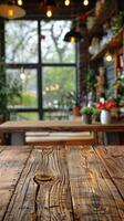 ai généré en bois table Haut dans restaurant photo