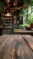 ai généré en bois table avec mis en pot les plantes dans restaurant photo