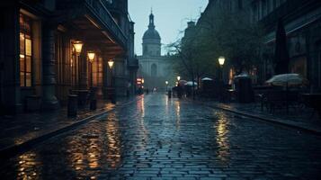 ai généré pluie trempé ville rue dans une de mauvaise humeur ambiance. génératif ai photo