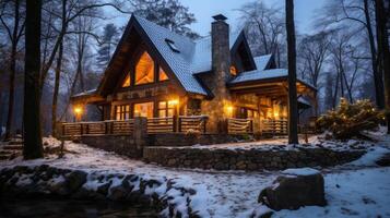 ai généré rustique Pension avec une chaud cheminée pour une confortable battre en retraite dans le les bois. génératif ai photo