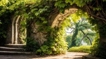 ai généré le gracieux courbes de une vigne couvert cambre. génératif ai photo