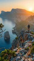 ai généré la personne permanent sur Montagne surplombant l'eau photo