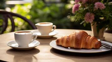 ai généré une français bistro table avec des croissants et café. génératif ai photo