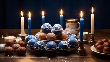 ai généré une Hanoukka fête table avec dreidels et sufganiyot. génératif ai photo