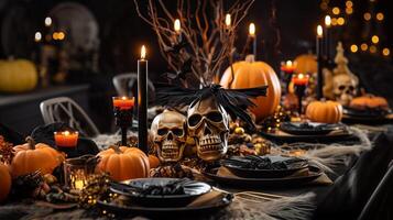 ai généré une Halloween table réglage avec effrayant décorations. génératif ai photo