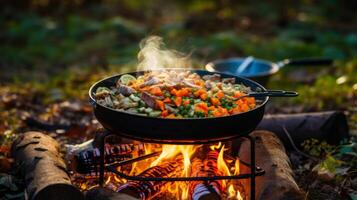 ai généré une camping le fourneau mijoter une délicieux repas. génératif ai photo