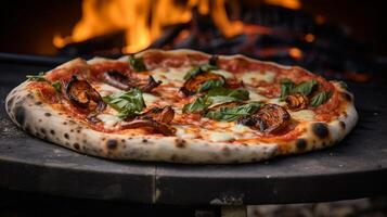 ai généré une fermer de une rustique, au feu de bois Pizza avec carbonisé bords. génératif ai photo