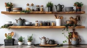 ai généré étagère rempli avec bleu et blanc des vases photo