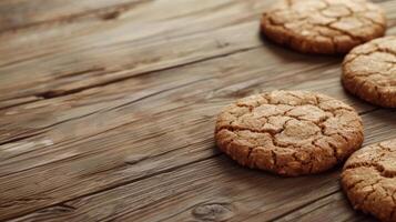 ai généré Frais rond en forme de flocons d'avoine biscuits mensonge sur une en bois table photo