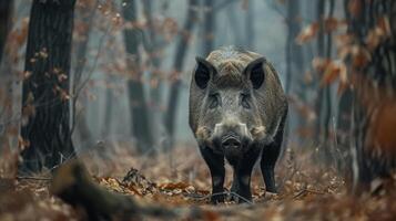 ai généré sauvage sanglier des stands dans le forêt et regards à le caméra grand fond zone photo