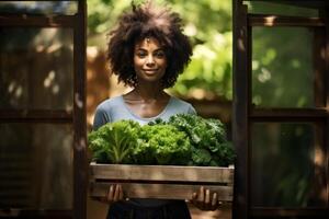 ai généré portrait de une noir africain femme en portant une boîte de Frais des légumes photo