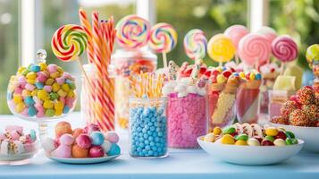 ai généré une des gamins anniversaire fête table rempli avec bonbons et traite. génératif ai photo