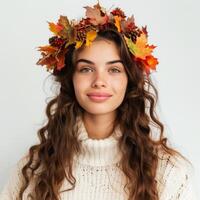 ai généré Jeune magnifique femme sourit à caméra avec brillant l'automne feuilles tissé dans cheveux, isolé sur blanc Contexte photo