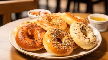 ai généré une assiette de fraîchement cuit bagels avec une variété de garnitures. génératif ai photo