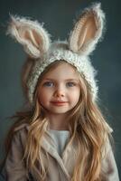 ai généré fille portant Pâques lapin oreilles dans gris arrière-plan, photo
