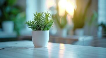 ai généré blanc bureau avec les plantes dans le centre photo