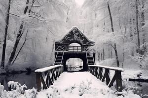 ai généré une neige couvert pont. génératif ai photo