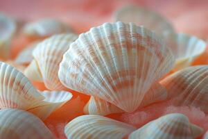 ai généré mer coquilles arrangé sur table photo