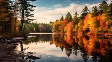 ai généré une tranquille forêt étang reflétant l'automne couleurs. génératif ai photo