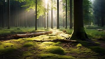 ai généré tranquille forêt clairière avec lumière du soleil. génératif ai photo