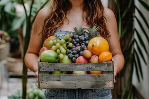 ai généré femme en portant boîte de fruit et des légumes photo