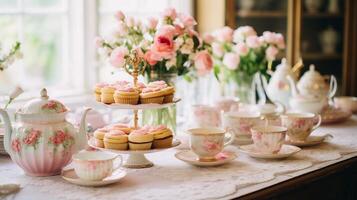 ai généré une ancien thé fête table avec délicat tasses à thé et des pâtisseries. génératif ai photo