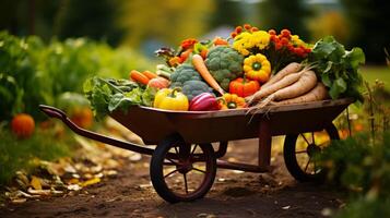 ai généré brouette avec récolté des légumes. génératif ai photo