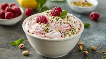 ai généré bol de la glace crème avec framboises et pistache photo