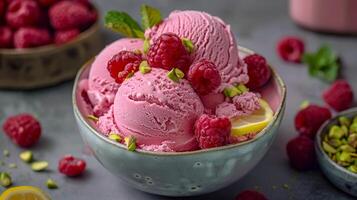 ai généré framboise la glace crème et pistache bol photo