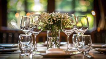 ai généré table avec verre des vases et fleur arrangements photo