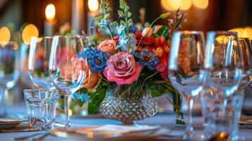 ai généré table avec verre des vases et fleur arrangements photo