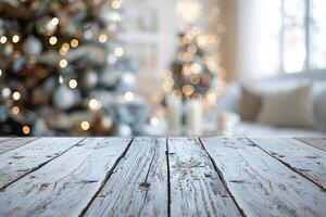 ai généré en bois table avec Noël arbre dans Contexte photo