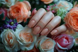 ai généré les femmes main en portant rose fleur photo