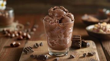 ai généré verre de Chocolat la glace crème sur table photo