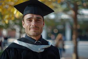 ai généré homme dans l'obtention du diplôme casquette et robe photo