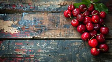 ai généré bouquet de cerises sur en bois table photo