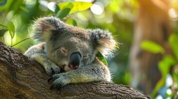 ai généré koala repos avec yeux fermé dans arbre photo