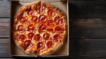 ai généré pepperoni Pizza dans boîte sur en bois table photo