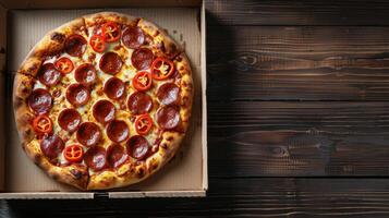 ai généré pepperoni Pizza dans boîte sur en bois table photo