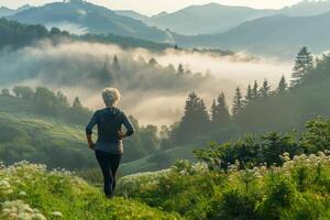 ai généré femme fonctionnement sur Montagne Piste photo