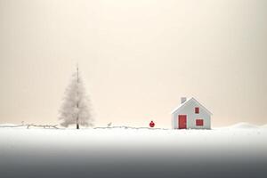 ai généré rouge et blanc maison dans une neigeux champ. génératif ai photo