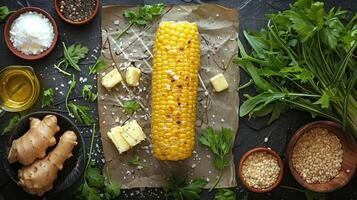 ai généré grillé blé sur le épi avec beurre et herbes photo