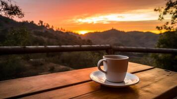 ai généré siroter de café à lever du soleil. génératif ai photo