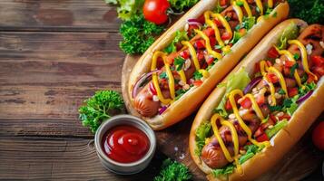 ai généré deux chaud chiens avec moutarde et ketchup sur Coupe planche photo