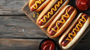 ai généré Trois chaud chiens avec moutarde et ketchup sur Coupe planche photo