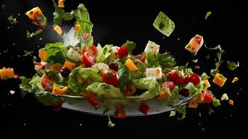 ai généré jeté salade Ingrédients suspendu dans en l'air. génératif ai photo