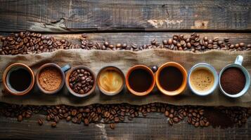 ai généré rangée de café tasses rempli avec différent café des haricots photo