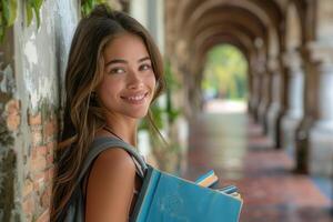 ai généré souriant femme penché contre mur en portant livre photo